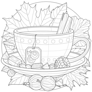 Meyveli, şekerli ve tarçınlı bir fincan çay. Sonbahar çizimi. Çocuklar ve yetişkinler için boyama kitabı antistresi. Resimler beyaz arkaplanda izole edildi. Zen-tangle tarzı.