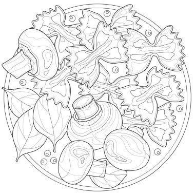 Mantarlı makarna ve ıspanak. Farfalle.Çocuklar ve yetişkinler için boyama kitabı antistresi. Resimler beyaz arkaplanda izole edildi. Zen-tangle tarzı.