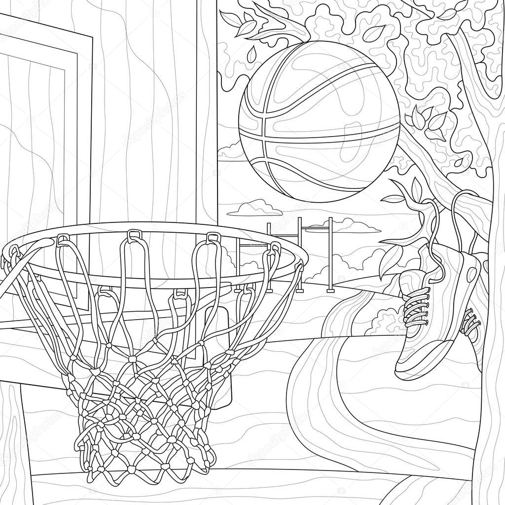 Basketball. Basketball hoop.Coloring book antistress for children and adults. Illustration isolated on white background.Zen-tangle style.