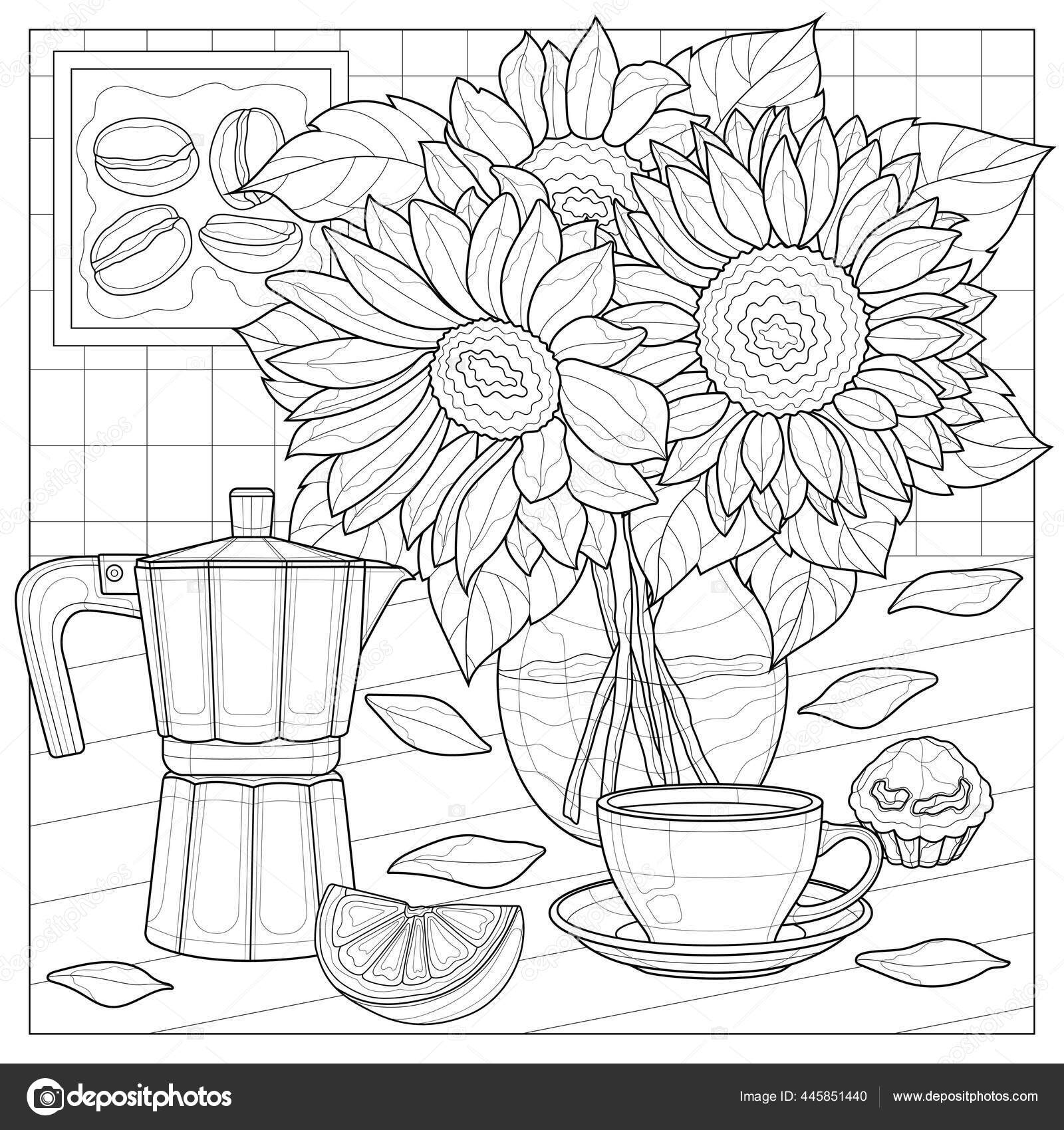 Bouquet Sunflowers Coffee Maker Cup Coffee Coloring Book ...