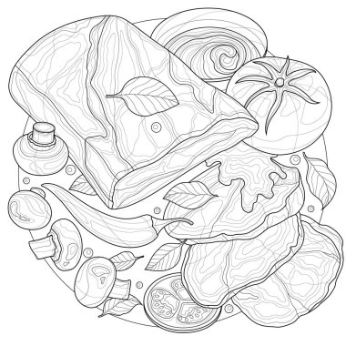 Sebzeli, mantarlı ve soslu et. Çocuklar ve yetişkinler için boyama kitabı. Resimler beyaz arkaplanda izole edildi. Zen-tangle tarzı.