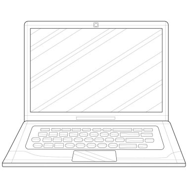 Laptop. Çocuklar ve yetişkinler için boyama kitabı antistresi. Zen-karmaşası tarzı. Siyah-beyaz çizim.