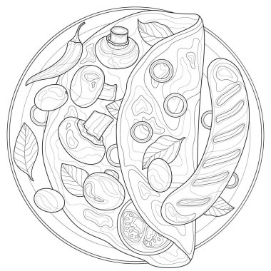 Sosisli ve mantarlı omlet. Çocuklar ve yetişkinler için boyama kitabı. Resimler beyaz arkaplanda izole edildi. Zen-tangle tarzı.