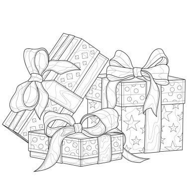 Hediye kutuları. Çocuklar ve yetişkinler için boyama kitabı antistresi. Resimler beyaz arkaplanda izole edildi. Zen-tangle tarzı.