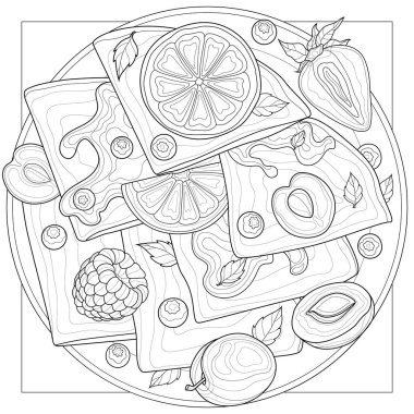Böğürtlenli krep, portakal ve reçel. Çocuklar ve yetişkinler için boyama kitabı antistresi. Resimler beyaz arkaplanda izole edildi. Zen-tangle tarzı.