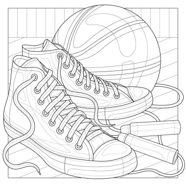 Basketbol topu ve zıplama halatı olan spor ayakkabıları. Çocuklar ve yetişkinler için boyama kitabı antistresi. Resimler beyaz arkaplanda izole edildi. Zen-tangle tarzı.