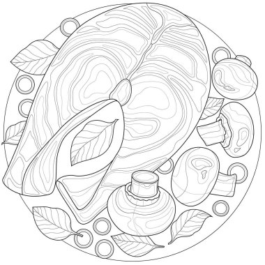 Şampiyon ve fesleğenli somon. Çocuklar ve yetişkinler için boyama kitabı antistresi. Resimler beyaz arkaplanda izole edildi. Zen-tangle tarzı.