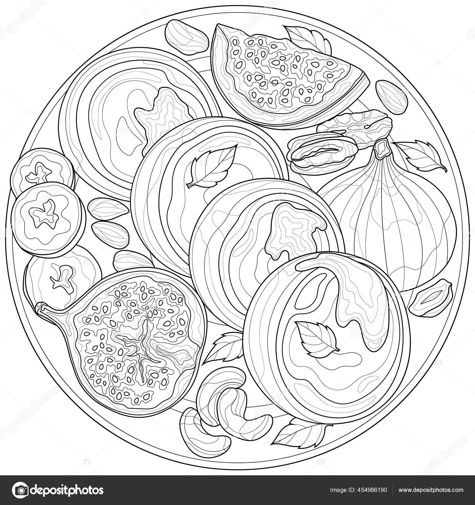 Image vectorielle Crêpes Fromage Cottage Avec Figues Banane Noix Livre  Colorier Antistress par ©vlasenko.ekaterinka1996@gmail.com - 454986190, image size:1600x1700