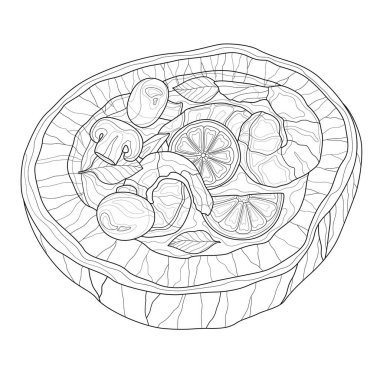 Mantarlı karides çorbası ve hindistan cevizli limon. Çocuklar ve yetişkinler için boyama kitabı antistresi. Resimler beyaz arka planda izole edildi. Zen-karmaşası tarzı. Siyah beyaz çizim