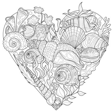 Shells and seaweed in the shape of a heart.Coloring book antistress for children and adults. Illustration isolated on white background.Zen-tangle style. Black and white drawing clipart