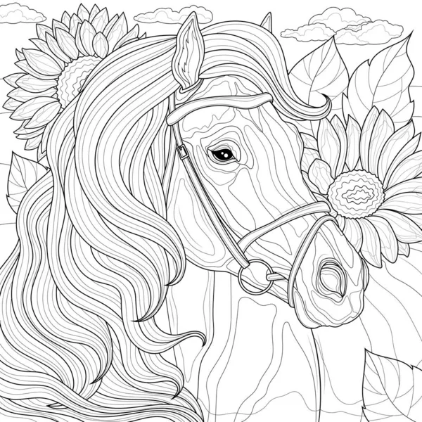 Cavalo Sunflowers Coloring Livro Antistress Para Crianças Adultos Ilustração Isolada —  Vetores de Stock