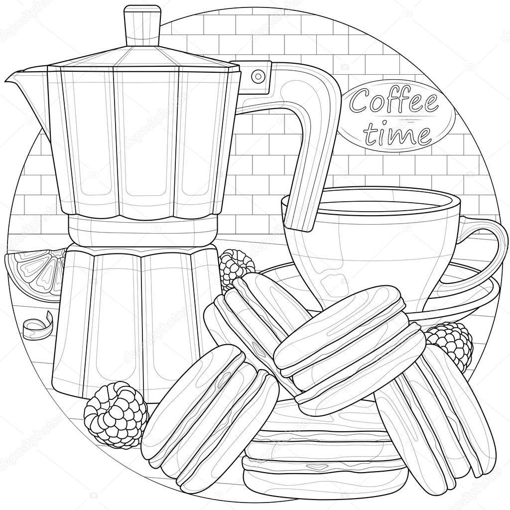 Coffee maker and macaroons.Coloring book antistress for children and adults. Illustration isolated on white background.Zen-tangle style. Black and white drawing