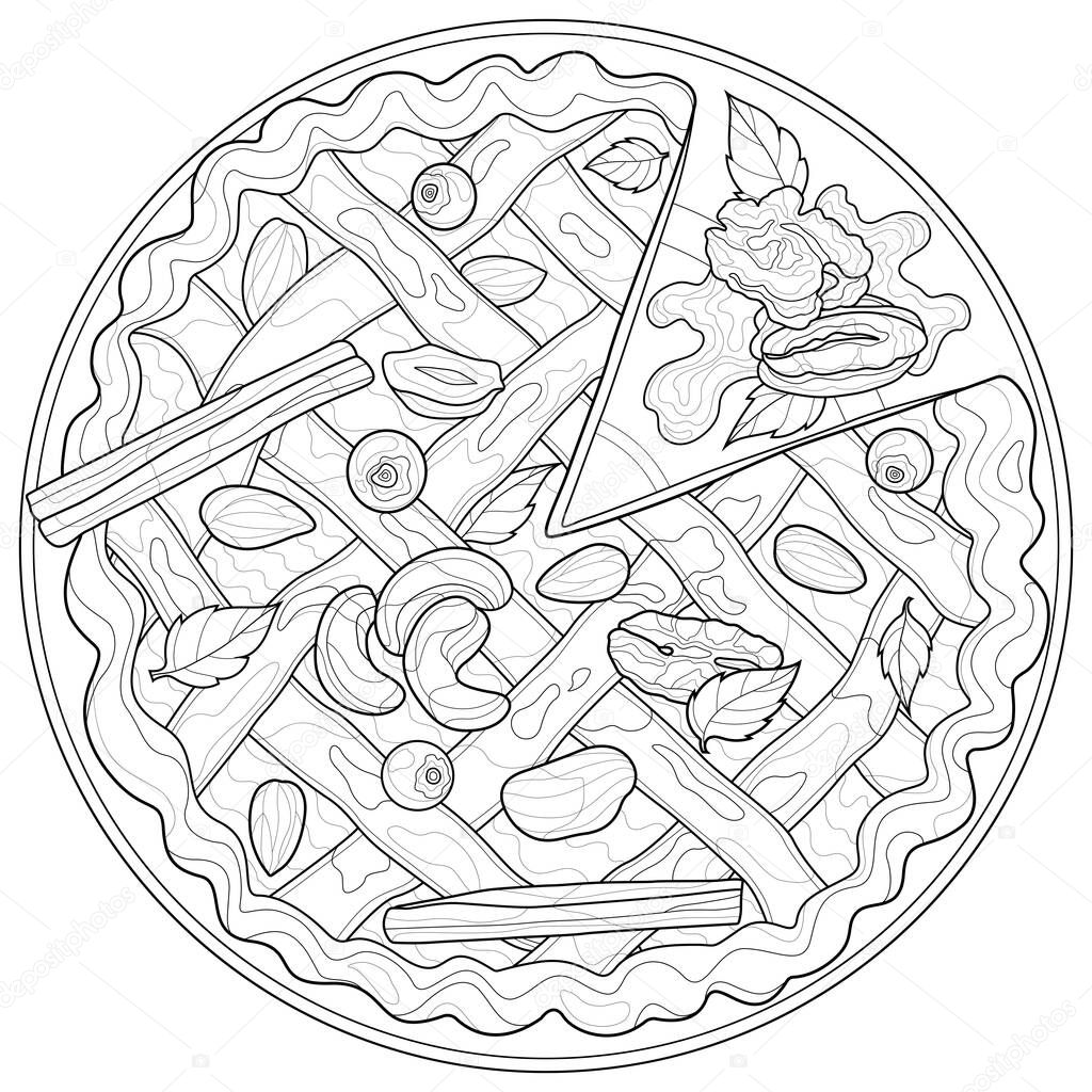 Pie with nuts and cinnamon. Sweets.Coloring book antistress for children and adults. Illustration isolated on white background.Zen-tangle style.