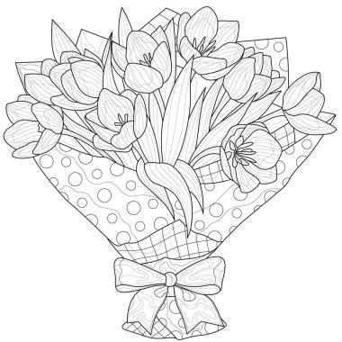 Bir buket lale. Çiçekler. Çocuklar ve yetişkinler için boyama kitabı antistresi. Resimler beyaz arka planda izole edildi. Zen-karmaşası tarzı. Siyah beyaz çizim