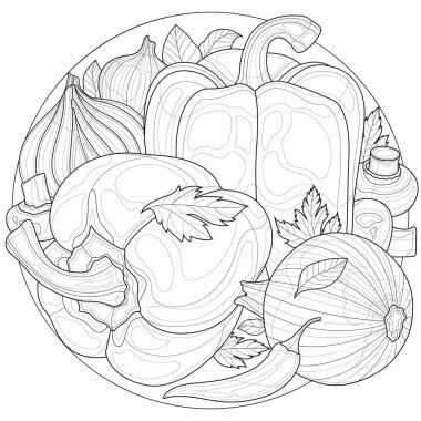 Sebzeler. Soğan ve mantarlı dolmalık biber. Çocuklar ve yetişkinler için boyama kitabı antistresi. Resimler beyaz arka planda izole edildi. Zen-karmaşası tarzı. Siyah beyaz illüstrasyon