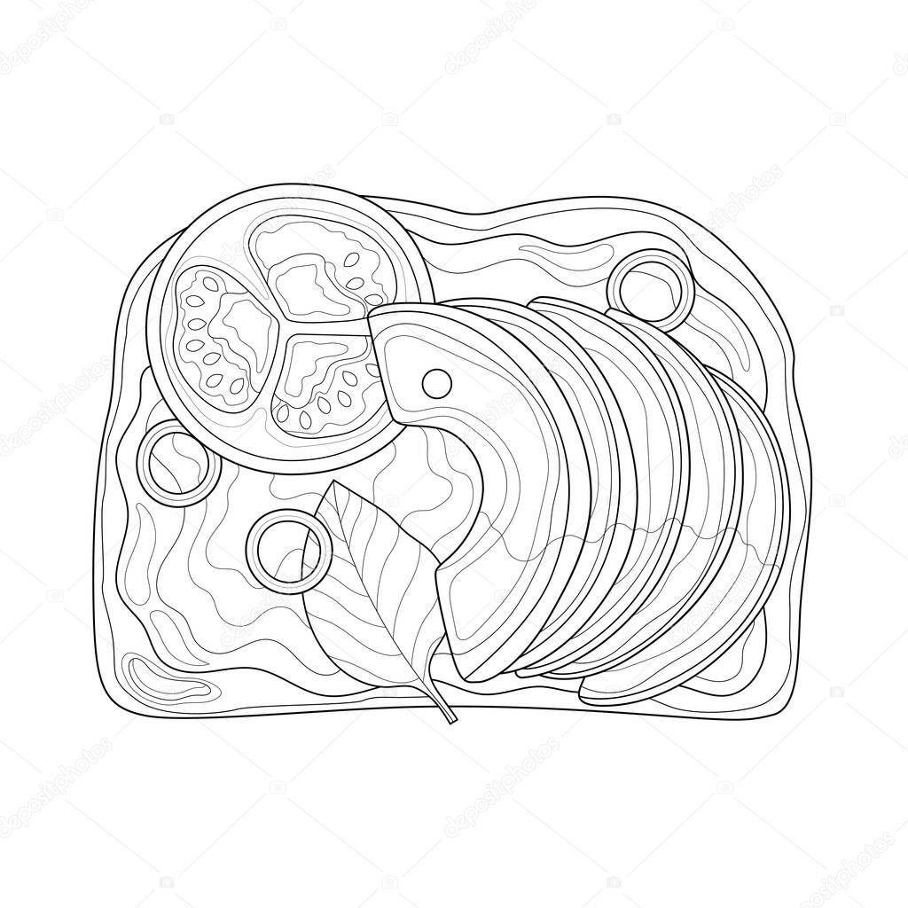 Toast with avocado and tomato.Coloring book antistress for children and adults. Illustration isolated on white background.Zen-tangle style. Black and white drawing