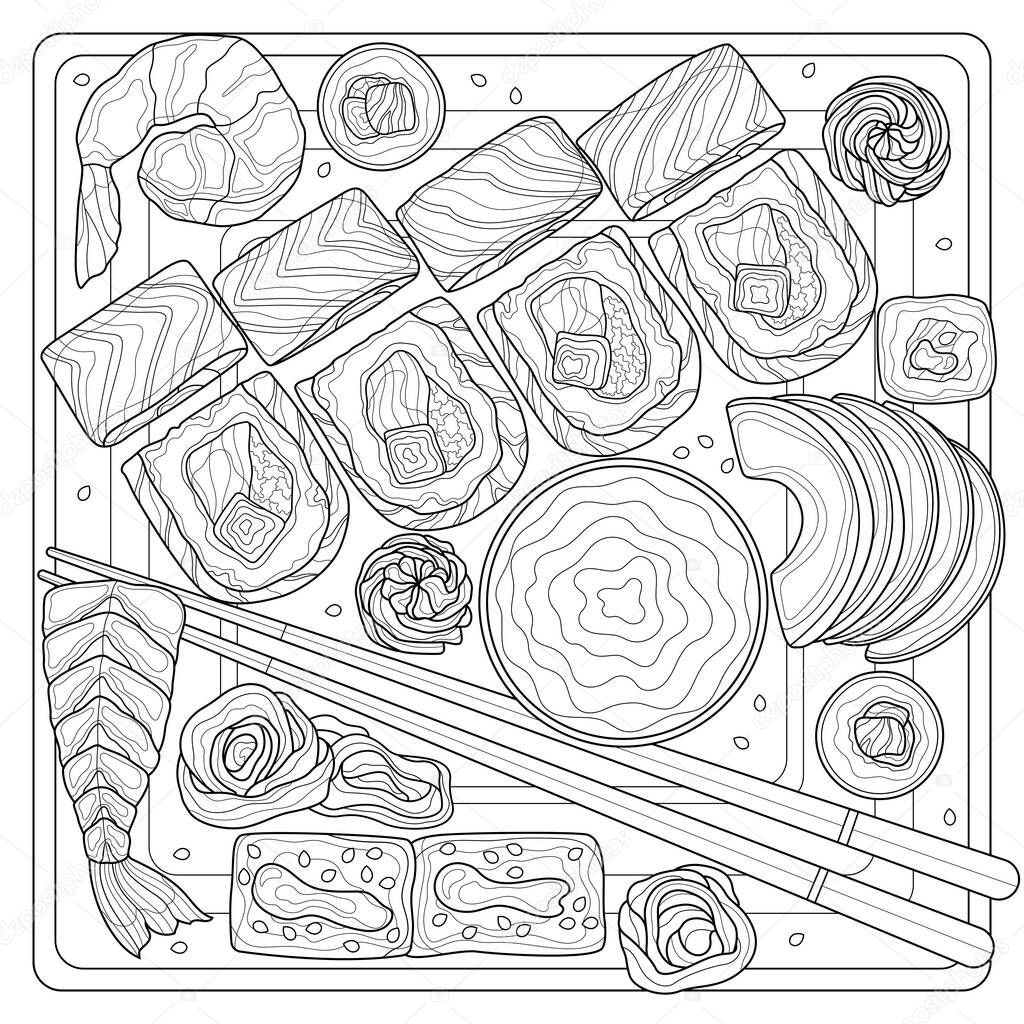 Sushi Set.Food.Coloring book antistress for children and adults. Illustration isolated on white background.Black and white drawing