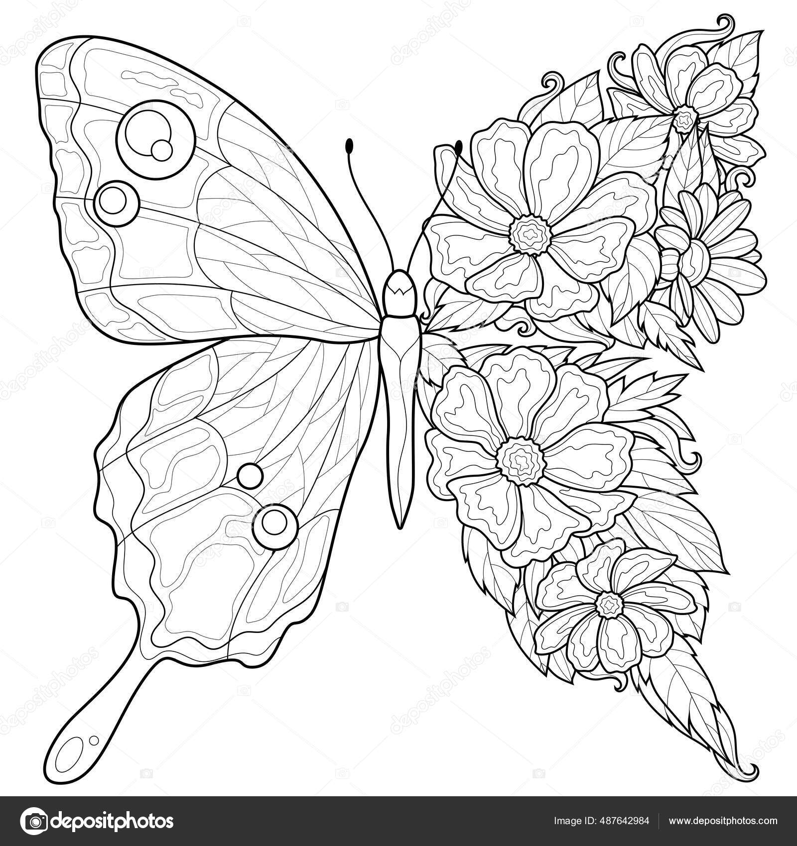 Adult Coloring Pages Butterflies - Depositphotos 487642984 Stock Illustration Butterfly Flowers Coloring Book Antistress 