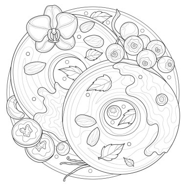 Böğürtlenli, vanilyalı ve fındıklı simit. Çocuklar ve yetişkinler için boyama kitabı. Resimler beyaz arkaplanda izole edildi. Zen-tangle tarzı.