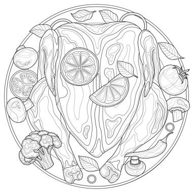 Portakallı ve sebzeli fırında tavuk. Çocuklar ve yetişkinler için boyama kitabı. Resimler beyaz arkaplanda izole edildi. Zen-tangle tarzı.