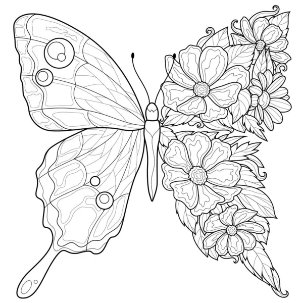 蝶と花 子供や大人のためのストレスを予約着色 白地に隔離されたイラスト 白黒のドローイング — ストックベクタ