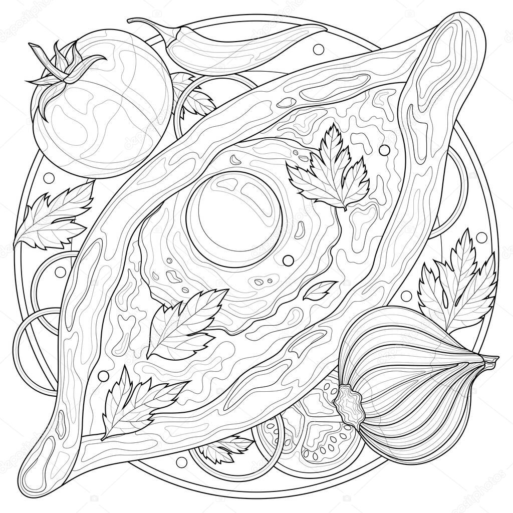Adjarian khachapuri with tomato, pepper and onion.Coloring book antistress for children and adults. Illustration isolated on white background.Zen-tangle style. Black and white drawing