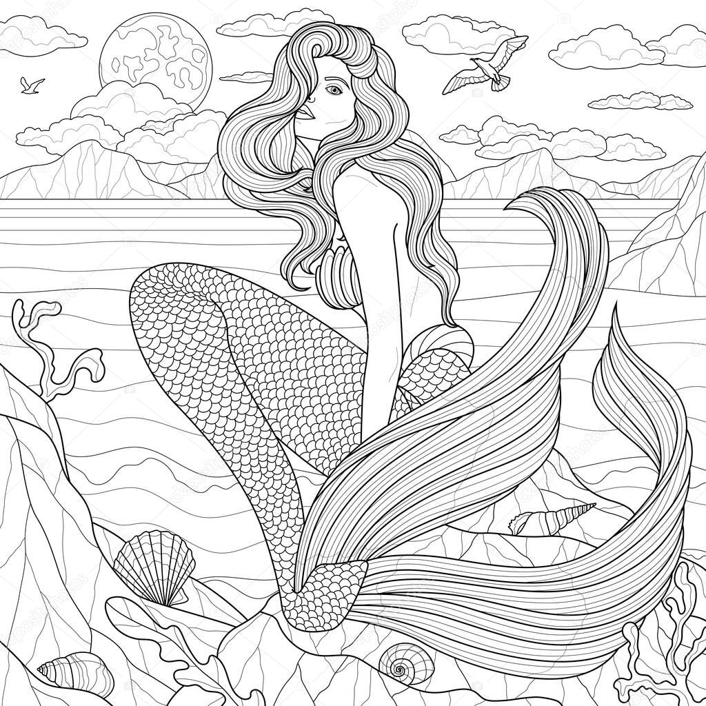 Sirena Libro Colorare Antistress Bambini Adulti Illustrazione