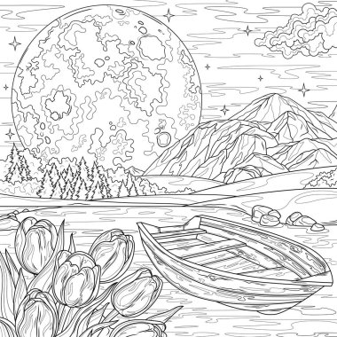 Gölde yüzen bir tekne, laleler ve dolunay. Çocuklar ve yetişkinler için boyama kitabı antistresi.