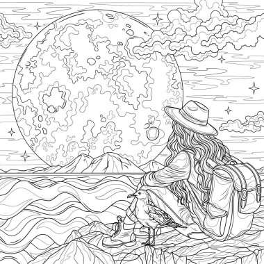 Deniz kenarındaki kadın turist dolunaya bakıyor. Çocuklar ve yetişkinler için boyama kitabı antistresi.