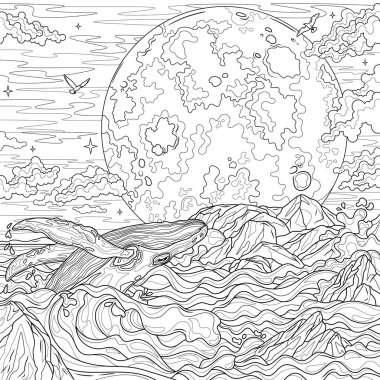 Denizde balina ve dolunay. Çocuklar ve yetişkinler için boyama kitabı antistresi.