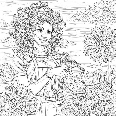 Ayçiçeklerinin arasında kuşlu bir kadın. Sonbahar. Çocuklar ve yetişkinler için boyama kitabı antistresi.