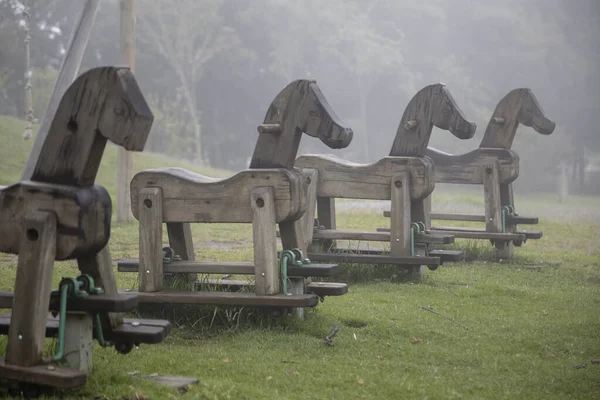 Landscape Details Park Games Wooden Horses Lined Mist Objects — Stock Photo, Image