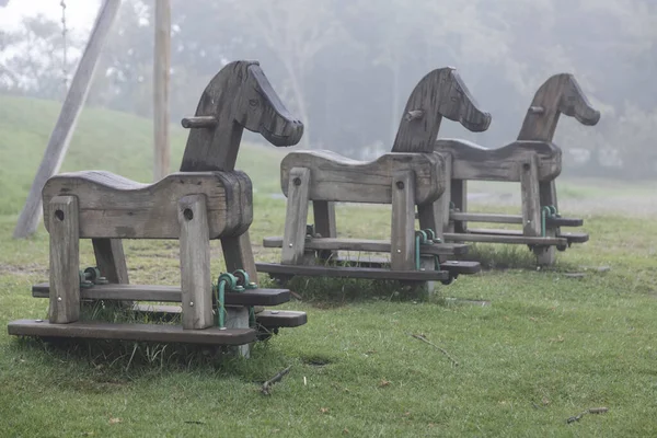 Landscape Park Wooden Horses Lined Mist Objects — Stock Photo, Image