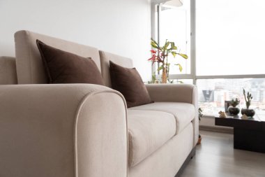 Gündüz geniş pencereli oturma odasında yastıklı, bitki ve dekoratif nesnelerle dolu rahat, modern beyaz bir kanepe.