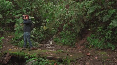 Orman yolunda sürekli hareket ediyor, manzaranın rahat fotoğraflarını çekiyor ve yürüyüşün rahatlatıcı ritminin tadını çıkarıyor..