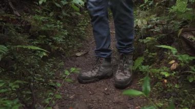 Sessiz bir yürüyüş anı, dar, yeşil çizgili orman yolunda ilerleyen sağlam botları gösterir..