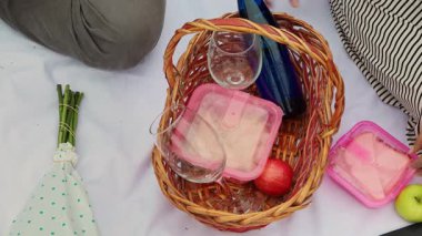 Yeşil ve kırmızı elmalardan oluşan açık hava piknik sepeti, bir şişe şarap ve konteynırda ev yapımı sandviçler, rahat bir piknik anı için çimlerin üzerine kurulmuş..