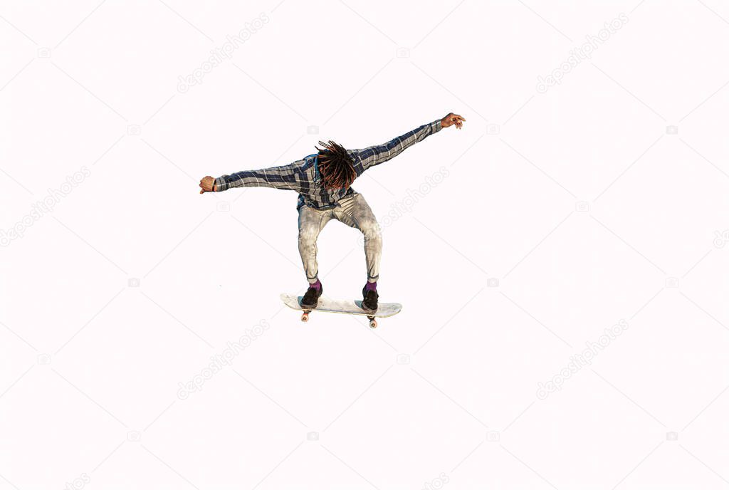 unknown skater is jumping a skateboard on a white background