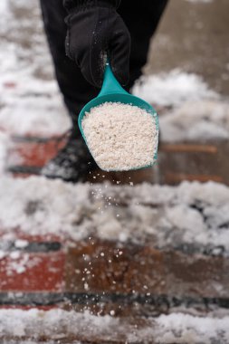 rock salt ice melt is being spread on your walkway to melt the ice and snow from your path clipart