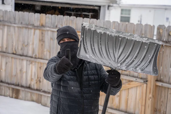 Man Holds Snow Shovel Gives You Thumbs While Clears Your — Stock Photo, Image