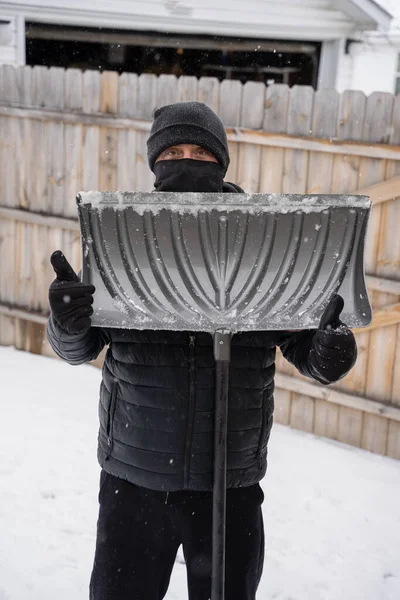 Man Holds Snow Shovel Gives You Thumbs While Clears Your — Stock Photo, Image