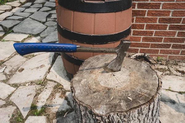 Hand Yxa Redo Att Hugga Trä Och Väntar Dig Närheten — Stockfoto