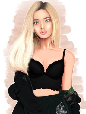 Mavi gözlü, siyah bluzlu, beyaz arkaplan ve pembe giysili tatlı sarışın bir kız tasviri