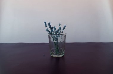 Bardakta kurumuş lavanta çiçekleri olan dallar.