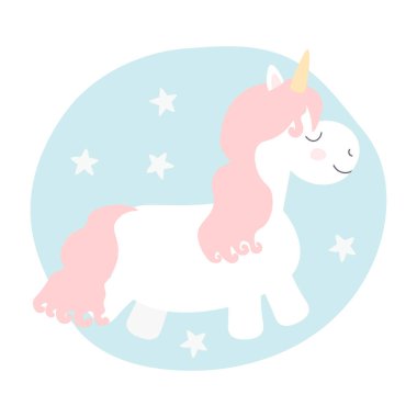 Pembe saçlı şirin beyaz tek boynuzlu at.