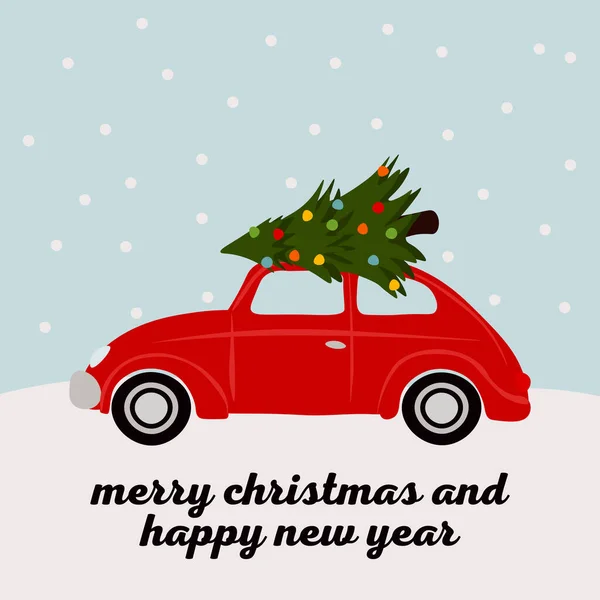 Χριστουγεννιάτικη Κόκκινη Κάρτα Δέντρο Αυτοκίνητο Καλά Χριστούγεννα Και Ευτυχισμένο Νέο — Διανυσματικό Αρχείο