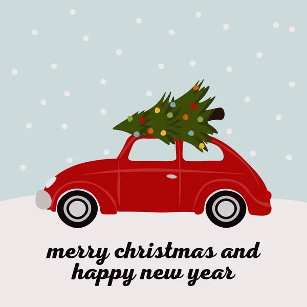 Natale Rosso Auto Albero Carta Buon Natale Felice Anno Nuovo Illustrazioni Stock Royalty Free