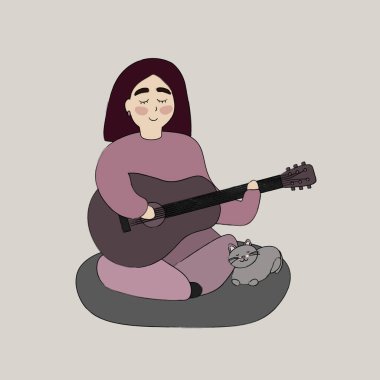 Mutlu kız gitar çalar sevimli kedi kartı