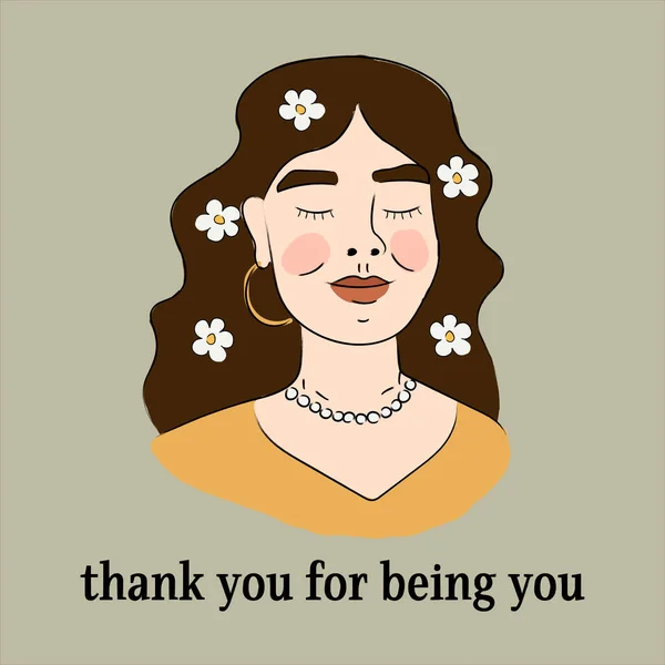 Köszönöm Hogy Vagy Gyönyörű Szerelem Portré Arc Virágok Retro Valentin — Stock Vector