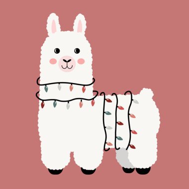 Şirin lama, noel ışıkları, çelenkler.